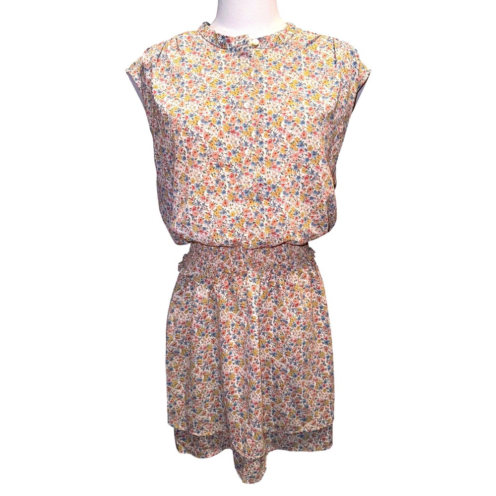 Bishop + Young Kelley Floral Smocked Waist Mini Dress Sleeveless Mock Neck Small